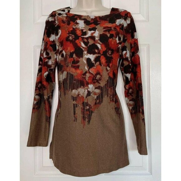 Simonton Says Small Women's Sweater Floral brown  Red Stretch Long Sleeve Shirt - Picture 1 of 8